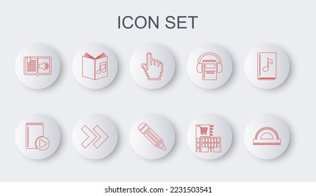 Set line Protractor grid, Audio book, Pixel hand cursor, Mall supermarket building, Arrow and Pencil icon. Vector