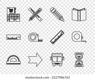 Set line Protractor grid, Hourglass pixel, Pencil, Arrow, Mall supermarket building, Roulette construction, Bus and  icon. Vector