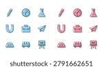 Set line Protractor grid for measuring degrees, School Bus, Pencil with eraser, Chalkboard, Briefcase, Paper airplane, Magnet and Clock icon. Vector
