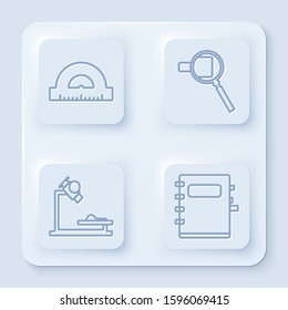 Set line Protractor grid for measuring degrees, Magnifying glass, Microscope and Notebook. White square button. Vector
