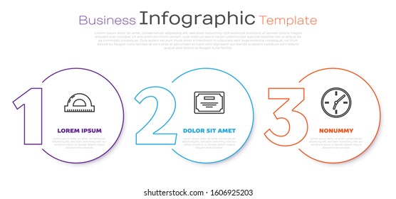 Set line Protractor grid for measuring degrees, Certificate template and Clock. Business infographic template. Vector