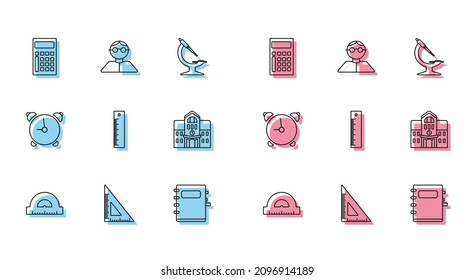 Set line Protractor grid for measuring degrees, Triangular ruler, Calculator, Notebook, Ruler, School building, Alarm clock and Student icon. Vector