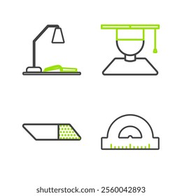 Set line Protractor grid for measuring degrees, Eraser rubber, Graduate and graduation cap and Workplace with table lamp open book icon. Vector