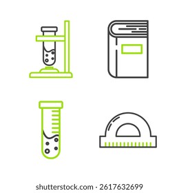 Set line Protractor grid for measuring degrees, Test tube and flask chemical laboratory, Book and Glass test on fire icon. Vector