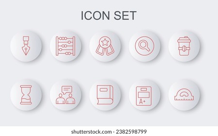 Set line Protractor grid, Old hourglass, Medal with star, Exam sheet A plus grade, Fountain pen nib, Abacus, Two sitting men talking and Book icon. Vector