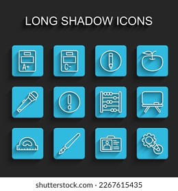 Fijar la rejilla del protractor, Pincel de pintura, hoja de examen con un grado más, insignia de identificación, kit de correa de tiempo, burbuja de voz y exclamación, icono de tablero de anuncios y abacus. Vector