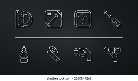 Ajuste de línea Protractor y regla, brújula de dibujo, medidor de distancia láser, medidas aproximadas, cinta de medida, medida diagonal, termómetro digital e icono de reloj. Vector