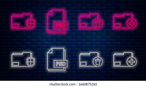 Set line PSD file document, Delete folder, Document folder protection and Add new folder. Glowing neon icon on brick wall. Vector