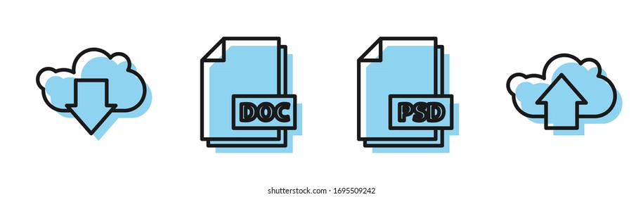 Set line PSD file document, Cloud download, DOC file document and Cloud upload icon. Vector