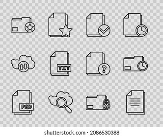 Set line PSD file document, Document, and check mark, Search cloud computing, folder with star, TXT, Folder lock and clock icon. Vector