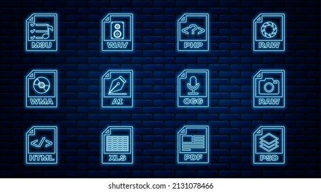 Set line PSD file document, RAW, PHP, AI, WMA, M3U, OGG and WAV icon. Vector