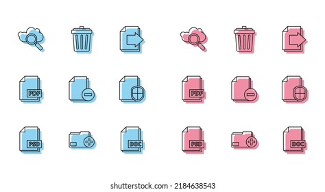 Set line PSD file document, Add new folder, Search cloud computing, DOC, Document with minus, protection concept, PDF and Trash can icon. Vector