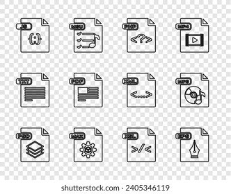 Set line PSD file document, EPS, PHP, MAX, JS, PDF, XSL and MP3 icon. Vector