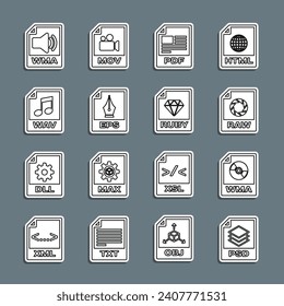 Set line PSD file document, WMA, RAW, PDF, EPS, WAV,  and RUBY icon. Vector