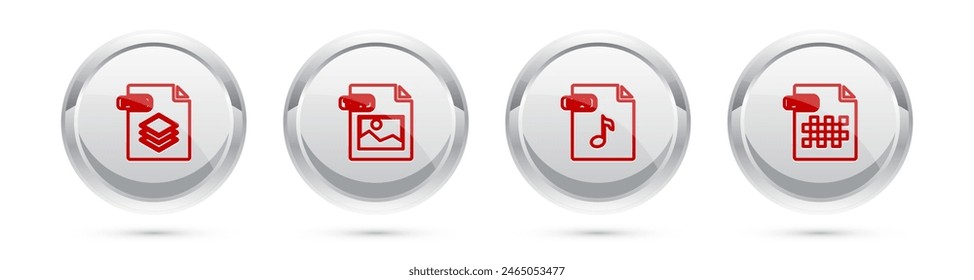 Set line PSD file document, TIFF, MP3 and PNG. Silver circle button. Vector