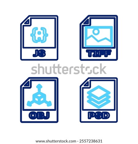 Set line PSD file document, OBJ, TIFF and JS icon. Vector