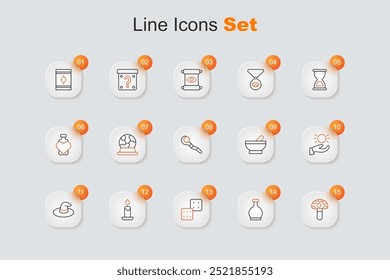 Seta de psilocibina, botella con poción, dados de juego, vela ardiente, sombrero de bruja, bola levitando sobre la mano, caldero e icono de personal mágico. Vector