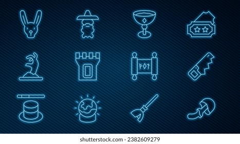 Set line Psilocybin mushroom, Hand saw, Medieval goblet, Castle tower, Zombie hand, Rabbit with ears, Magic scroll and Wizard warlock icon. Vector