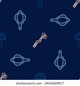 Set line Psilocybin mushroom, Magic hand mirror and wand on seamless pattern. Vector