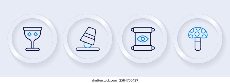 Set line Psilocybin mushroom, Magic scroll, Game thimbles and Medieval goblet icon. Vector