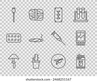 Set line Psilocybin mushroom, Open cigarettes pack box, Blade razor, Cactus peyote pot, Opium poppy, Cigar with smoke, Messenger and matchbox and matches icon. Vector