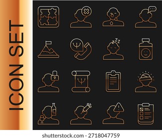 Set line Psychological test, Concussion, headache, Antidepressants, Tear cry eye, Online psychological counseling, Mountains with flag top, Solution problem psychology and Dreams icon. Vector