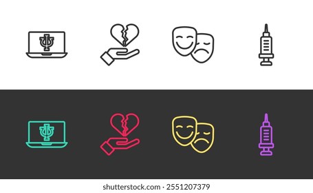 Set line Psychologist online, Broken heart or divorce, Comedy and tragedy masks and Addiction to the drug on black and white. Vector