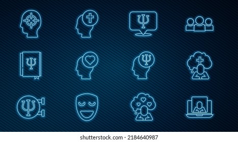 Set line Psychologist online, Man graves funeral sorrow, Psychology, Psi, Broken heart divorce, book,, Finding problem,  and  icon. Vector