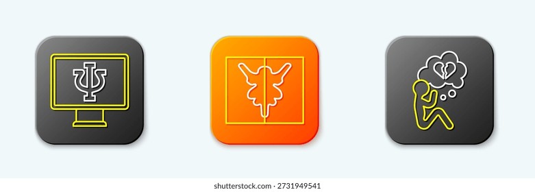 Set line Psychologe online, Rorschach test und Broken heart divorce icon. Vektorgrafik