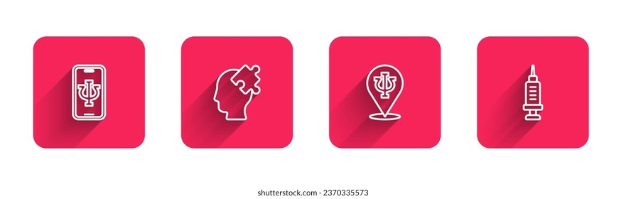 Poner en línea al psicólogo, Solución al problema, Psicología, Psi y Adicción con sombra larga. Botón cuadrado rojo. Vector