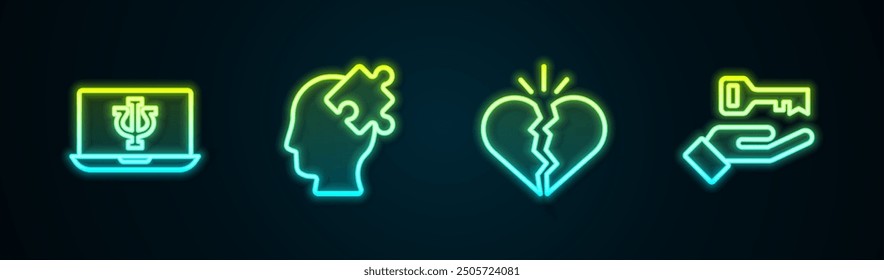 Set line Psychologist online, Solution to the problem, Broken heart or divorce and . Glowing neon icon. Vector