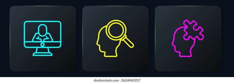 Definir linha Psicólogo on-line, Solução para o problema e Encontrando um. Botão quadrado preto. Vetor