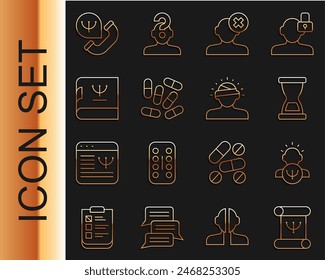 Set line Psychology book, Old hourglass, Solution problem in psychology, Medicine pill or tablet, Online psychological counseling and Concussion, headache icon. Vector