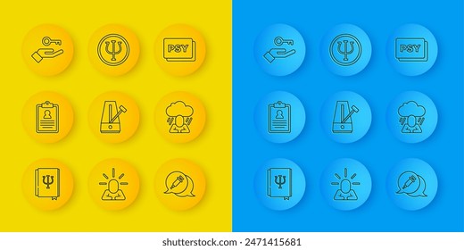 Set line Psychology book, Psi, Medical clipboard, Metronome with pendulum, Addiction to the drug, Depression, Solution problem, Psychology, and  icon. Vector