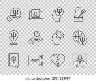 Set line Psychology book, Psi, Psychologist online, Psychology,, Solution to the problem, Broken heart or divorce and  icon. Vector