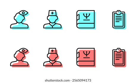 Set line Psychology book, Solution problem in psychology, Male doctor and Psychological test icon. Vector