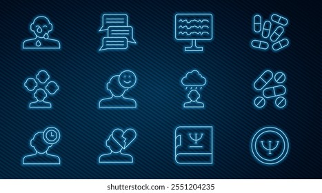 Psicología, Medicina píldora o tableta, Encefalograma, Buen sentimiento, Esquizofrenia, Llanto de ojo, Depresión y frustración y Consejería psicológica en línea icono. Vector