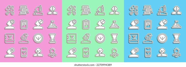 Set line Psychology, Old hourglass, Mountains with flag on top, Alcoholism, Psychological test, Insomnia, Medicine pill or tablet and Yin Yang symbol icon. Vector
