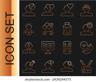 Set line Psychology, Online psychological counseling, Insomnia, Broken heart or divorce, Medicine pill tablet, Yin Yang symbol and Antidepressants icon. Vector
