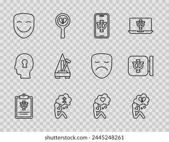 Set line Psychology, Psi, Broken heart or divorce, Psychologist online, Man graves funeral sorrow, Comedy theatrical mask, Metronome with pendulum, Head and  icon. Vector