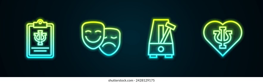 Set line Psychology, Psi, Comedy and tragedy masks, Metronome with pendulum and . Glowing neon icon. Vector