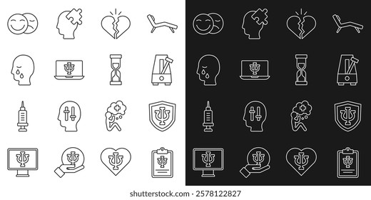 Set line Psychology, Psi, Metronome with pendulum, Broken heart or divorce, Psychologist online, Man graves funeral sorrow, Comedy and tragedy masks and Old hourglass icon. Vector