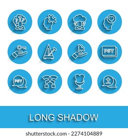 Set line Psychology, Psi, Question mark, Head with question, Armchair, Graves funeral sorrow, Metronome pendulum,  and Solution to the problem icon. Vector