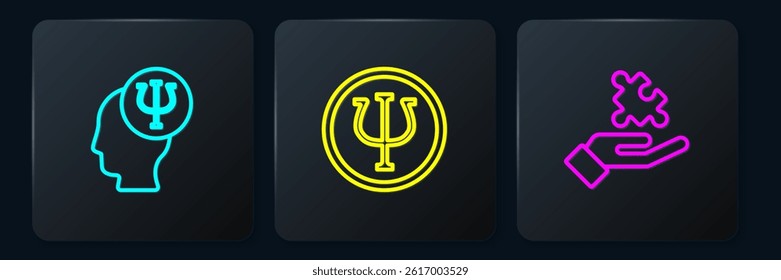 Set line Psychology, Psi, Solution to the problem and . Black square button. Vector