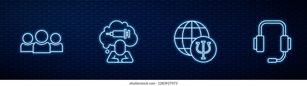 Fijar línea de Psicología, Psi, Grupo de Usuarios, Adicción al medicamento y Psicólogo en línea. Icono de neón brillante en la pared de ladrillo. Vector