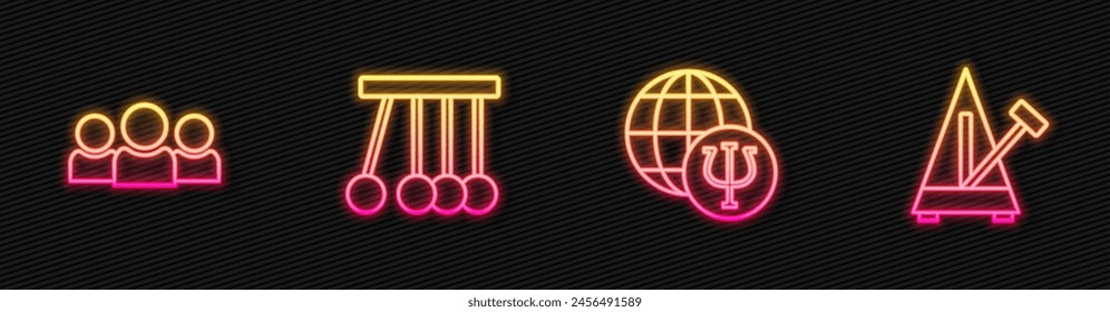 Set line Psychology, Psi, Users group, Pendulum and Metronome with pendulum. Glowing neon icon. Vector