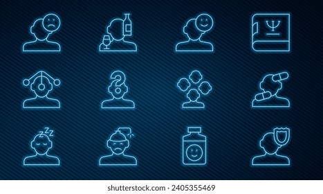 Set line Psychology, Sedative pills, Good mood, Human with question mark, Hypnosis, Sad and depressed man, bad, Schizophrenia and Alcoholism icon. Vector