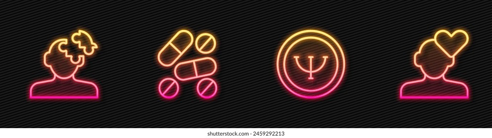 Set line Psychology, Solution problem in psychology, Medicine pill or tablet and Broken heart divorce. Glowing neon icon. Vector