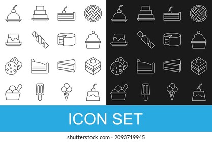 Set line Pudding custard, Brownie chocolate cake, Cake, Cherry cheesecake, Candy,  and  icon. Vector