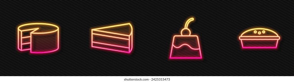 Set line Pudding custard, Cake, Piece of cake and Homemade pie. Glowing neon icon. Vector